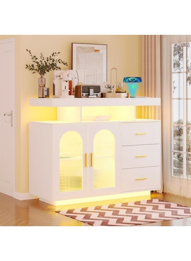 إيليفا هوم خزانة بوفيه جانبية مع مساحة تخزين، 3 أدراج و بابين، مزوّدة بإضاءة استشعار تلقائي بـ 20 لون، وطاولة كونسول مع محطة شحن، تحكّم باللمس، مناسبة كطاولة قهوة أو بار للمطبخ وغرفة الطعام  ,لون أبيض - Image 2